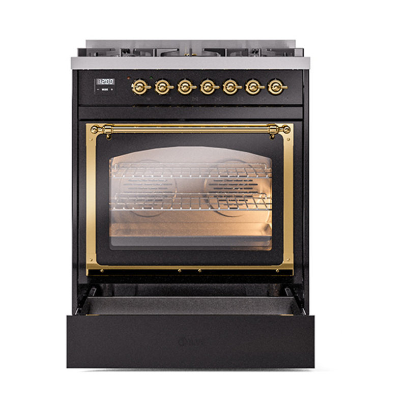 ILVE Nostalgie II Noblesse 30 in Dual Fuel Range, Liquid Propane, Glossy Black/Brass