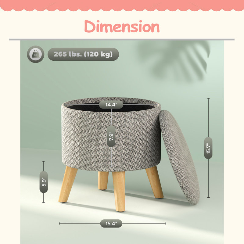 Repose-pieds rond avec rangement, tabouret rembourré en lin avec siège rembourré, espace caché et pieds en bois