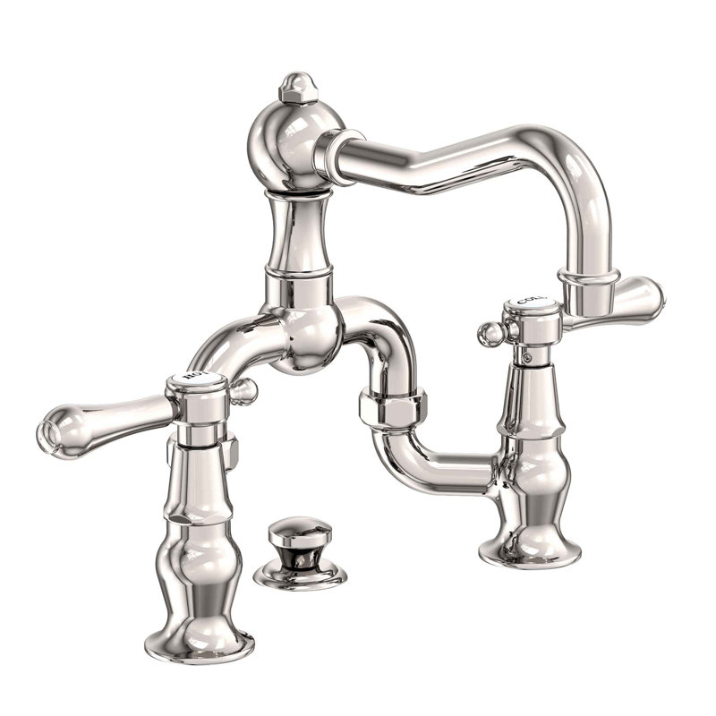 Chesterfield Bathroom Bridge Faucet with Drain Assembly, Polished Nickel, Bridge