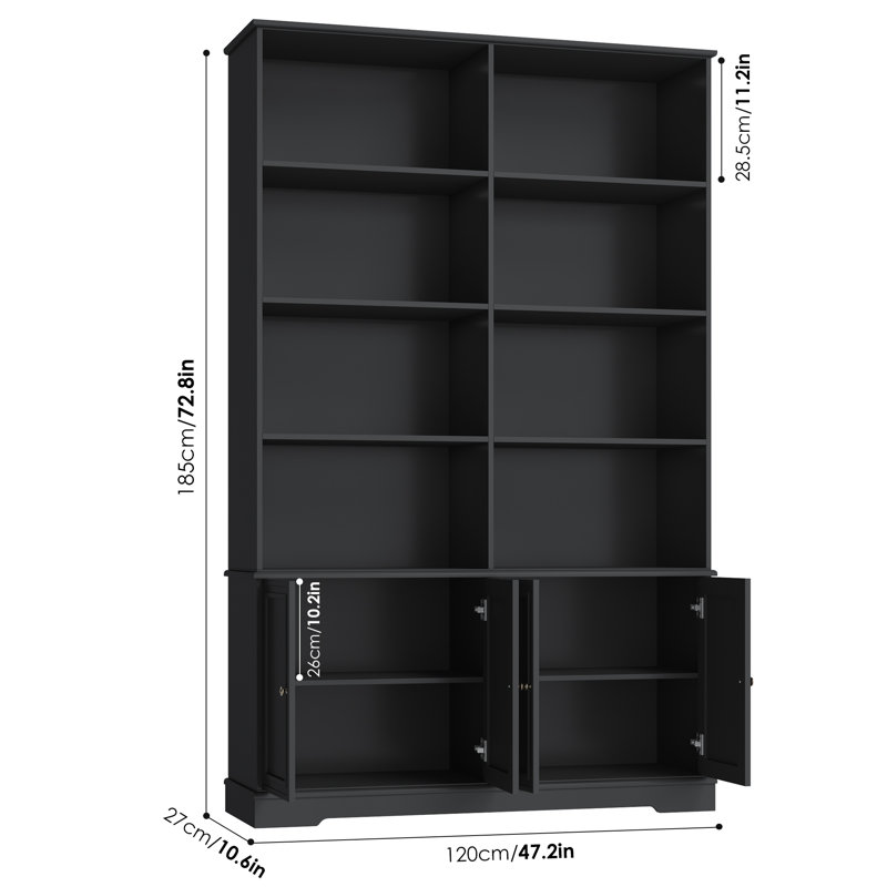 Bibliothèque 72 "H 72,8" x l 47,2 "Mid-Century, Noir, noir, noir, noir