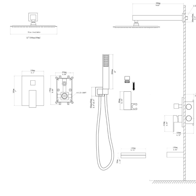 Douche 12 po avec bec cascade - pomme de pluie carrée, à main, bronze huilé, - baignoire balancée, balancée à l'huile - valve équilibrée