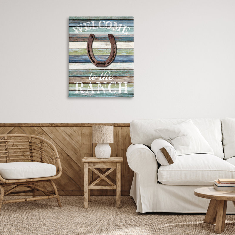 «Welcome Ranch with Horseshoe», art mural sur toile par Susan Arnot, H 40 po x l 30 po
