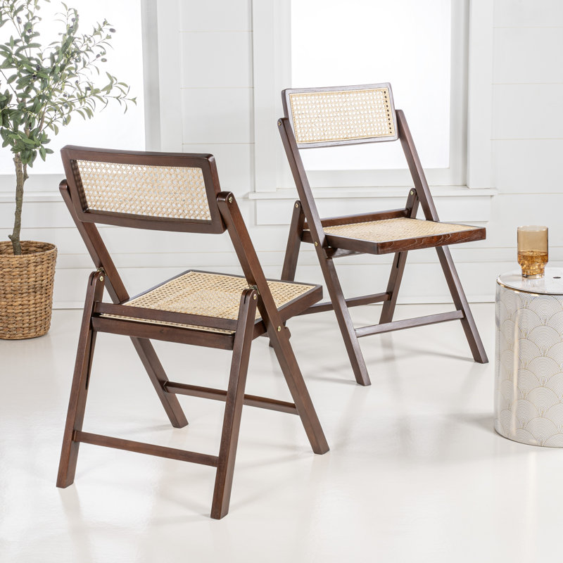 Theo Dark Brown Wood and Rattan Folding Chairs, Set of 2