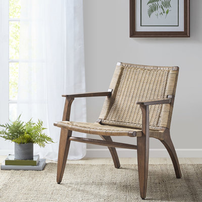 Chaise d'appoint avec dossier, fabrication en bois, entièrement assemblée, sans coussins, accoudoirs encastrés, structure et dossier naturels, coussin