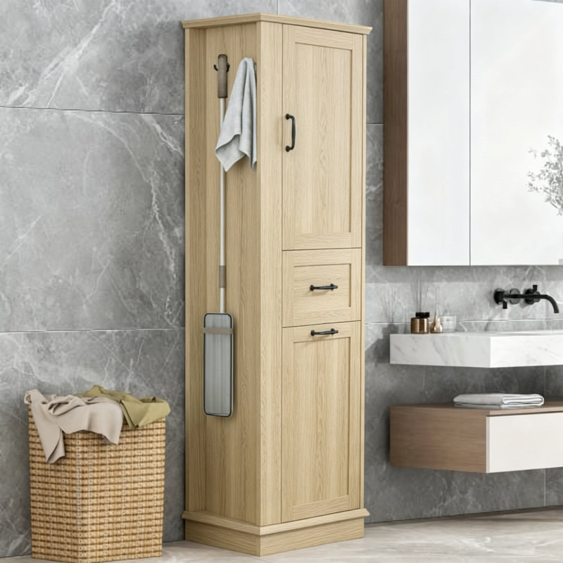 Modern Tall Storage Cabinet with Tilt-Out Compartment & Adjustable Shelves，Left and Right Conversion Side Storage, Natural