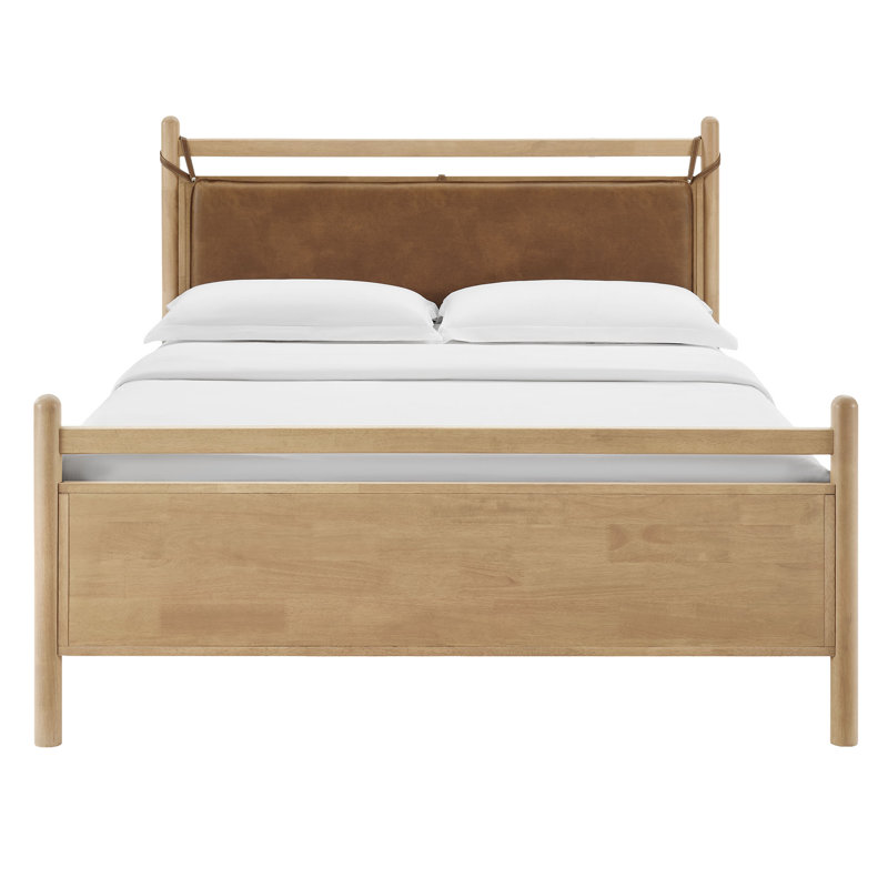 Base de lit plateforme en cuir et en bois vegan de taille grand Leni dans un canyon en chêne clair, Grand lit