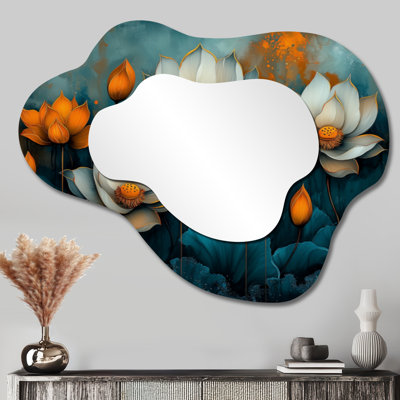 Blanc blanc orange radiant Lotus - miroir décoratif asymétrique Lotus, miroir mural irrégulier moderne, imprimé sur métal