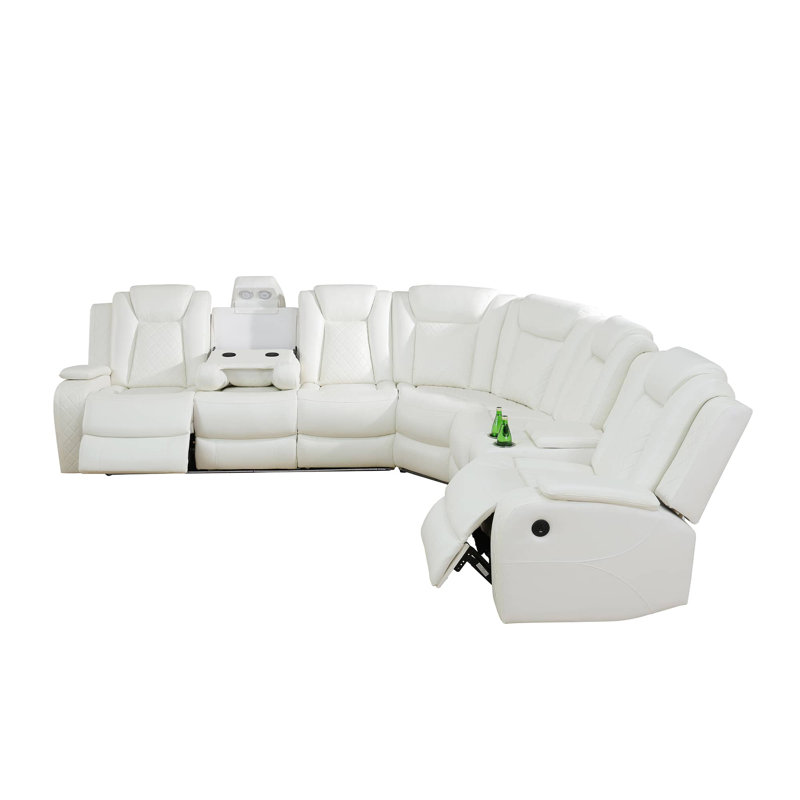 3-Pieces 210" Breathing Leather Power Reclining Theater Sectional With LED Lighting, Off White