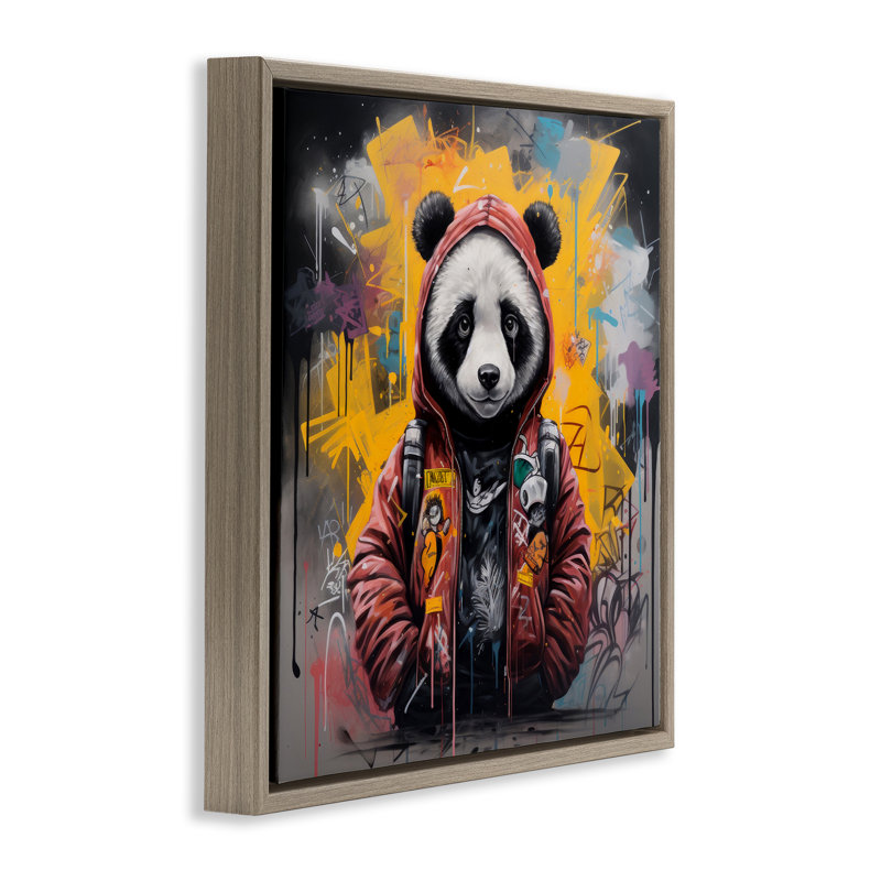 «Urban Graffiti Panda Bear» par Lazar Studio, Cadre flottant orme Montalcino, H 18 po x l 18 po