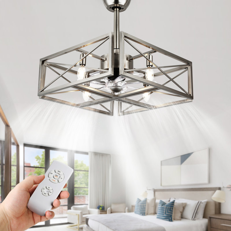 20" 4-Light Brushed Nickel Caged Ceiling Fan with Light and Remote Control, Industrial Cube Geometric Ceiling Fan for Bedroom, Living Room