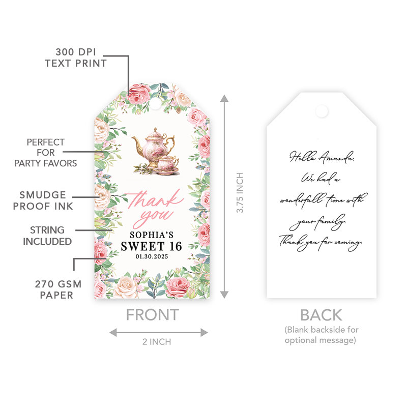Étiquettes-cadeaux personnalisées avec 16 cordes, thème «Tea Party Thank You» pour décoration de fête, paquet de 60