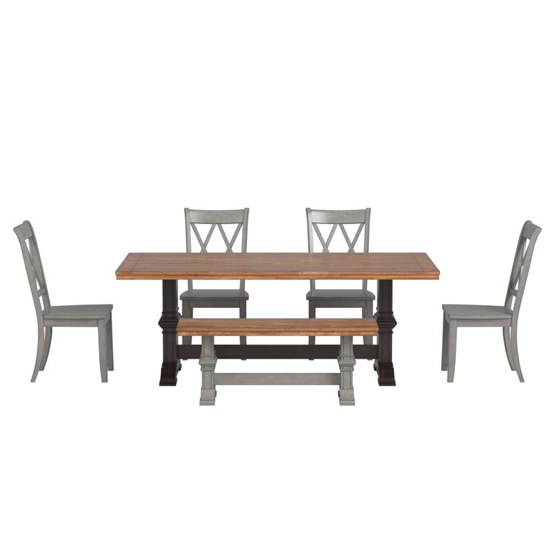Ensemble de salle à manger Sloan 78 po en bois massif fini chêne avec chaises à dossier en X - 7 pièces, table à piètement noir antique, chaises à piètement gris antique et banc