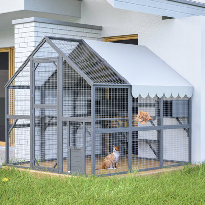 Cat Run Large Outdoor Enclosure, Wooden Catio Kitty Mansion With Suspension Bridges, Strolling Paths, Cozy Cabins, Protective Roof Cover,Expanse