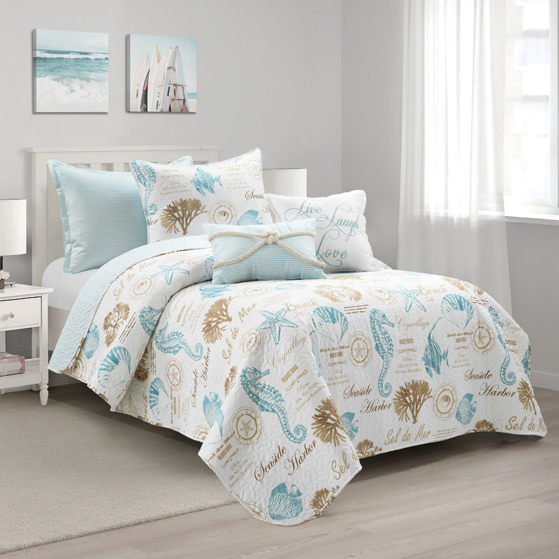 Harbor Life Blue/Taupe Microfiber Reversible Coastal 7 Piece Quilt Set, Twin Extra Long + 6 Additional Pieces