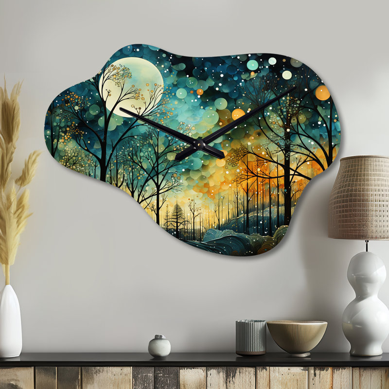 «Enchanted Forest - Abstract Collages», horloge asymétrique en métal, impression en métal bleu sarcelle, Grand
