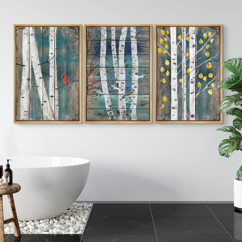 Aspen Birch " Birch Trees On Wood Background " 3 - Pieces, 36" H x 72" W x 1.5" D, Natural