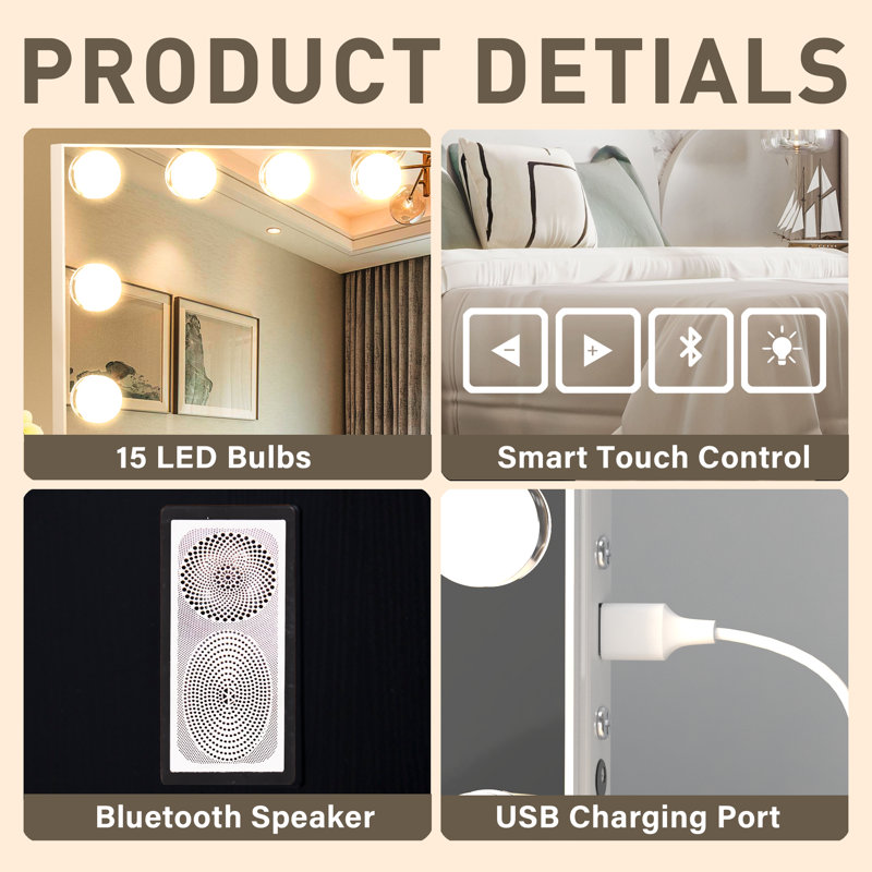 Vanity Mirror with Bluetooth Speaker and Lights, Hollywood Mirror with 15 Bulbs 3 Colour Modes USB