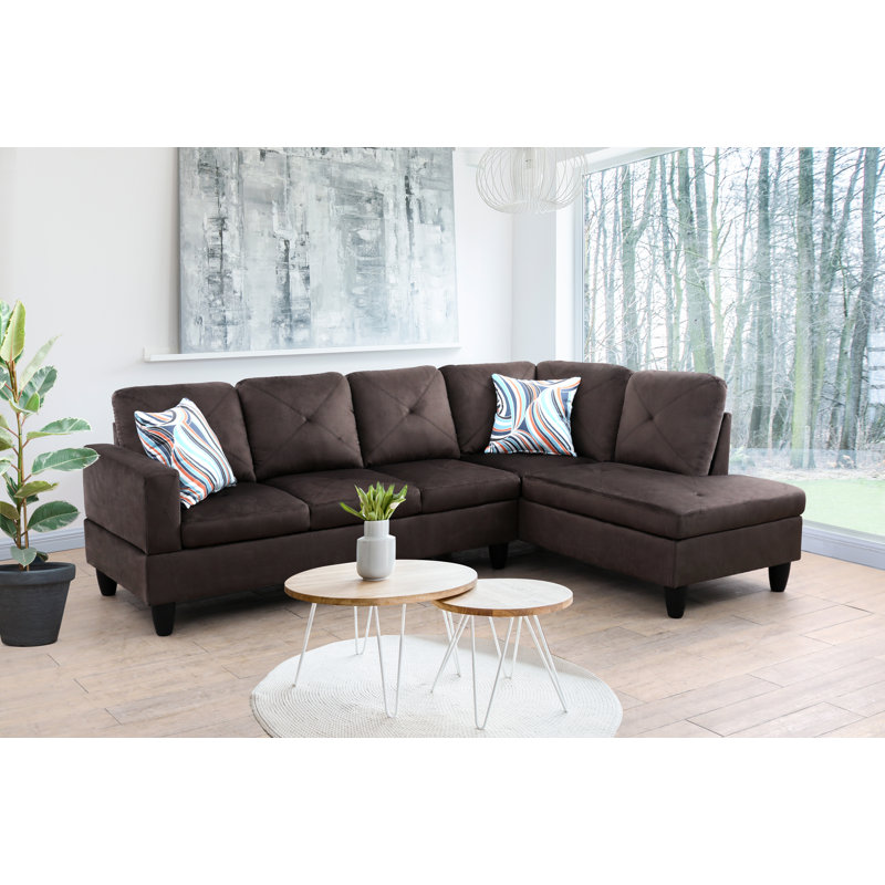 Upholstered L-Shaped Sectional, Taupe Velvet, Right Hand Facing