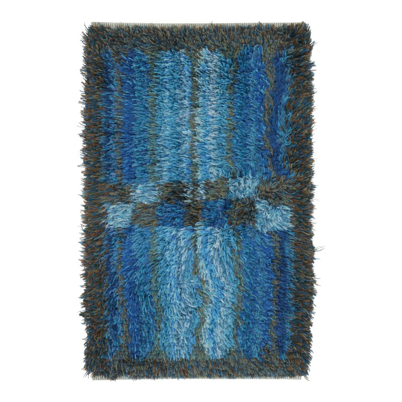 Vintage Swedish Rya Runner With Blue And Gray Geometric Pattern -  Rug & Kilim