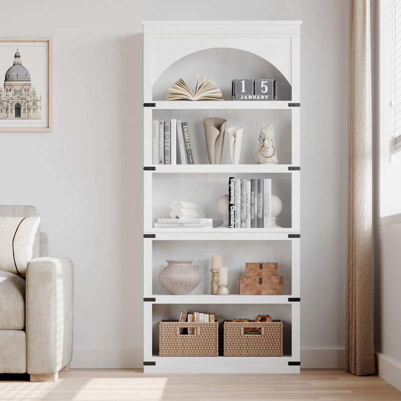 Farmhouse Arched Bookcase, 68.7" Tall Wooden Bookshelf with 5 Open Shelves, Rustic Vintage Display Shelves for Living Room, Office, Library