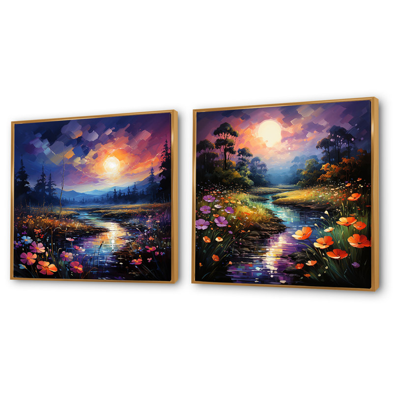 Luminous Blossoms At Night - Ensemble abstrait de paysages abstraits carrés, Cadre flottant doré, H 16 po x l 33 po