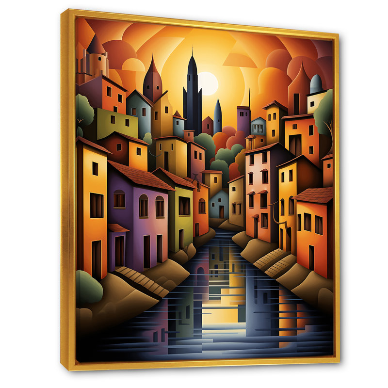 Popart, Italie, paysage, bateau côtier, art mural, Cadre flottant doré, 32" H x 24" W