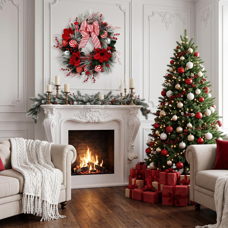 Couronne de Noël 24 po avec arc rouge et blanc pour porte d'entrée, manteau de cheminée et décoration extérieure 24 po