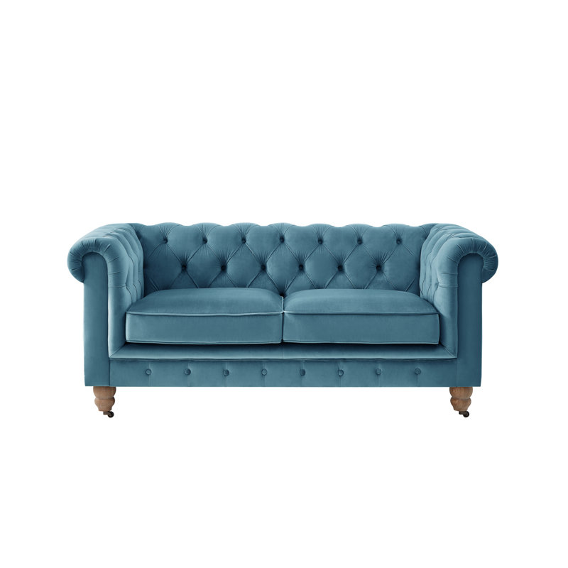 Causeuse Chesterfield en lin Elegance pour chambre à coucher Elina, Velours bleu sarcelle