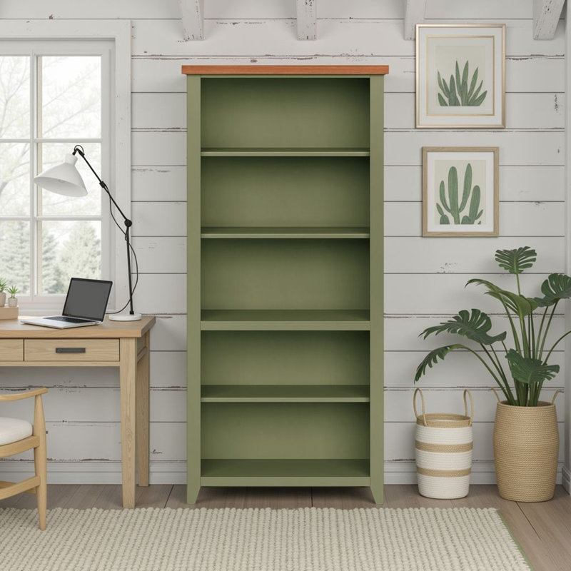 Brixham 72” 5-Shelf Bookcase, Sage/Fruitwood, (5 Shelves) 72" H x 34" W x 11" D