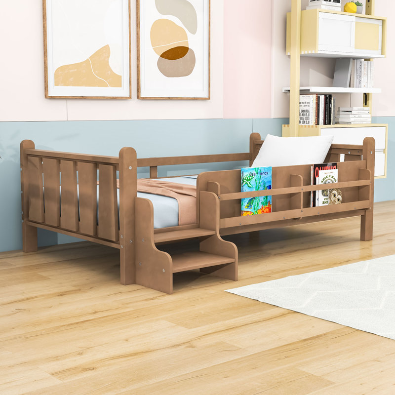 Lit en bois pour enfants avec rangement intégré et garde-corps, Lit simple, Naturel