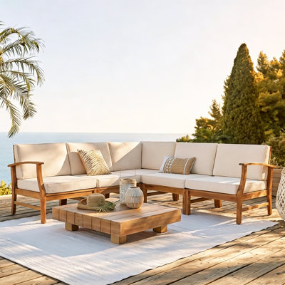 Bevelyn 77.75'' Wide L-Shaped Acacia Patio Sectional with Cushions