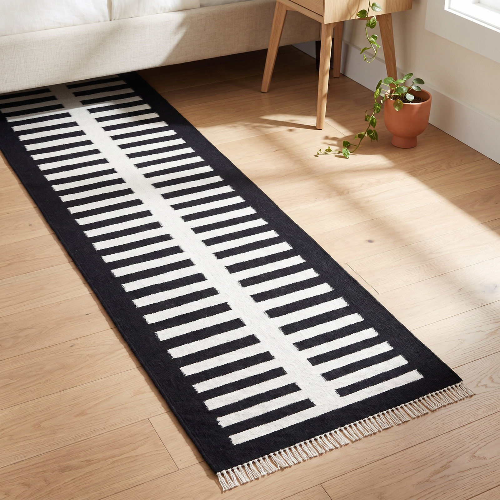 Delia Ivory Black Flatweave Striped Rug, Runner 2' 3" x 8'
