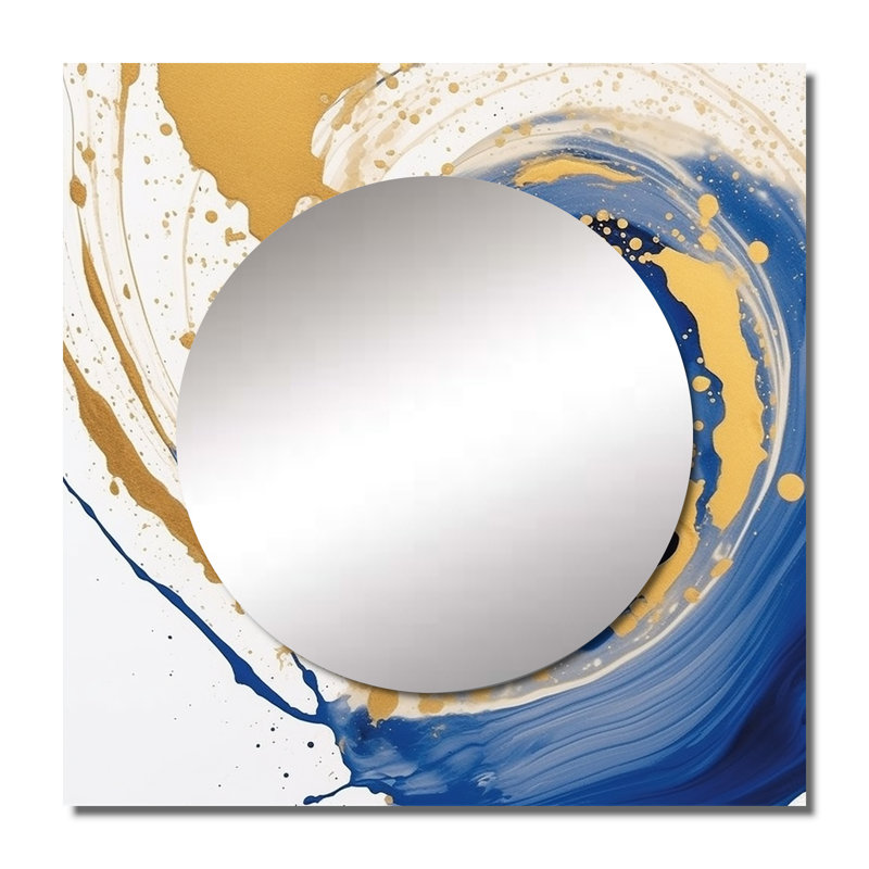 Albon - miroir mural carré spirale abstrait bleu foncé et or spirales III pour chambre à coucher, 23 po x 23 po