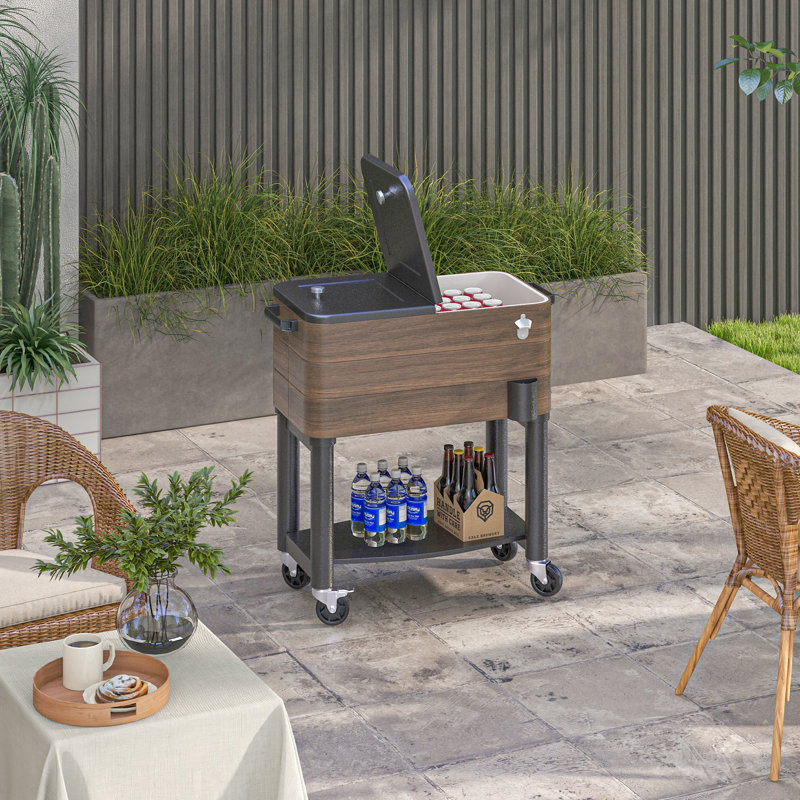 Glacière roulante pour patio 60 pintes - brun. Avec roues verrouillables. Garde les boissons au frais pendant 36 heures. Ouvre-bouteille intégré et bouchon de drainage pratique facile à nettoyer