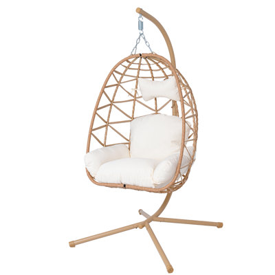 Chaise de hamac en forme d'œuf, chaise d'œuf pivotante, chaise suspendue en osier avec coussin lavable amovible - support en métal robuste, conception tissée respirante capacité de 350 lb pour le patio extérieur intérieur, etc. (jaune + blanc)