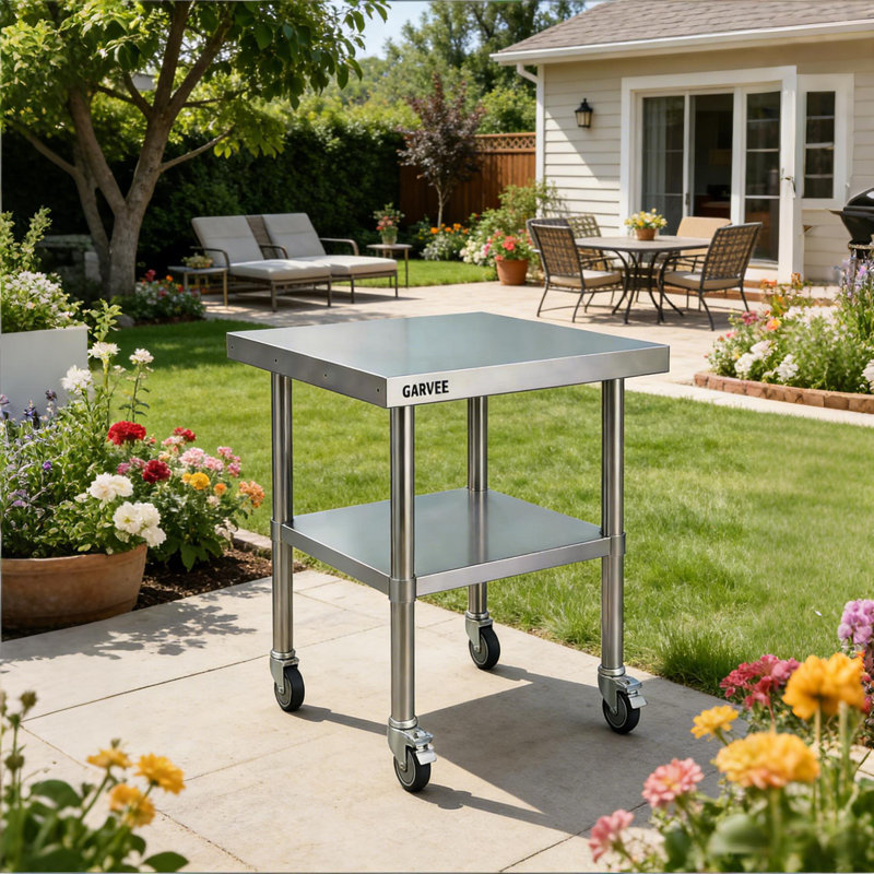 Table de travail en acier inoxydable avec roulettes pour la maison, le garage du restaurant, 26" H x 24" L x 24" W