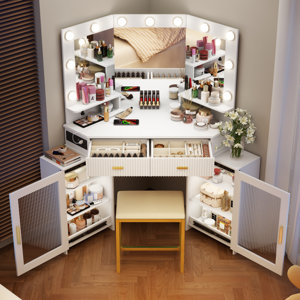 Everly Quinn Modern Corner Makeup Vanity Set with Mirror and Cabinets ...