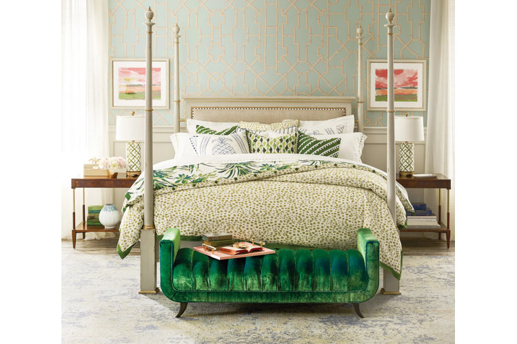 luxury sage green bedroom with velvet bench