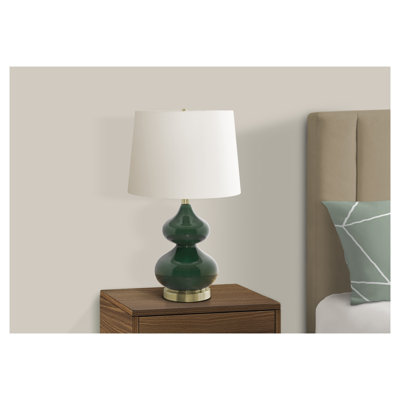 Green Glass Table Lamp, 24" Double-Gourd Base with Ivory Shade