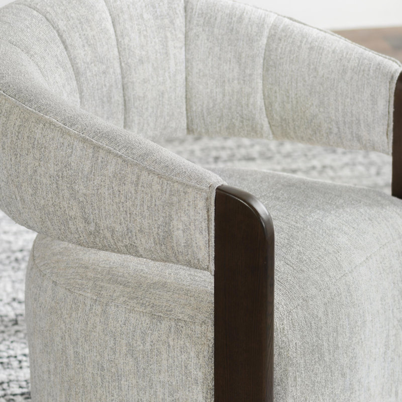 Ivory Bouclé Upholstered Swivel Barrel Chair with Wood Arms