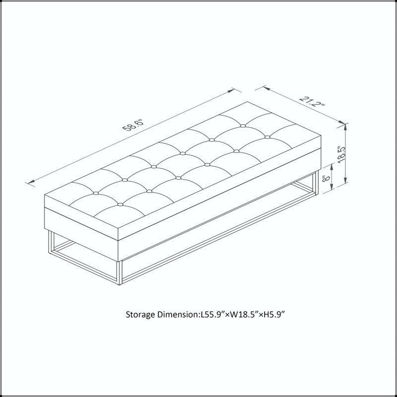 Banc de rangement en velours 58,6 po avec base en métal et plateau capitonné, Black, Black, Black