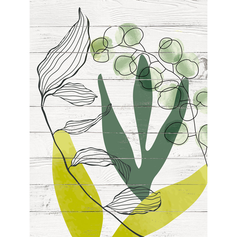 Dessin abstrait botanique vert sur toile tendue, H 36 po x l 48 po