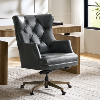 Heeg Transitional Genuine Leather Wingback Design 360° Swivel Tilting Lock Office Chair with Tufted Backrest by Red Barrel Studio