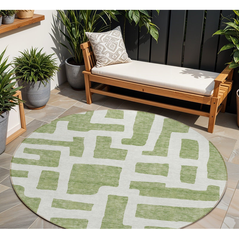 Tapis intérieur rond lavable abstrait vert et ivoire 8 pi