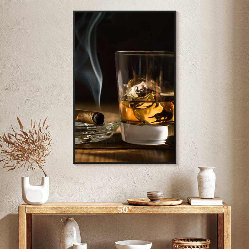 Cigare et whisky glacé, Cadre flottant noir, 27 po x 40 po