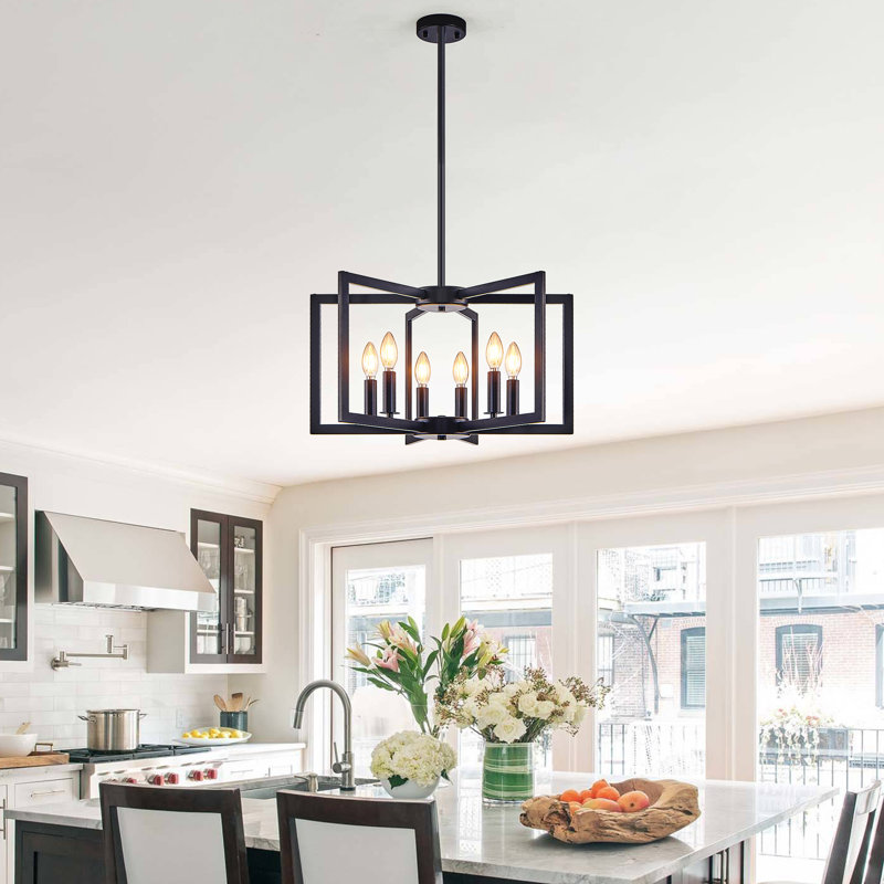  6-Light 21.7'' Square / Rectangle Candle-Style Geometric Chandelier Black for Dining Room, Kitchen or Hallway, Matte Black