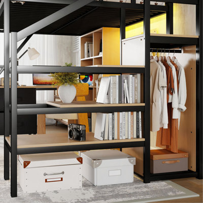 Lit mezzanine double avec bureau et station de recharge, 7 espaces de rangement ouverts et éclairage DEL, conçu pour les enfants et les adolescents (date d'arrivée prévue : 24/06/2026).