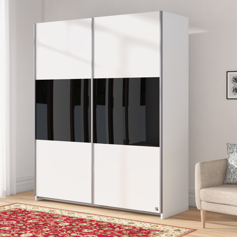 Loriga 2 Sliding Door Wardrobe front with Black Glass INCL. Delivery and Assembly, Alpine White, 210cm H x 175cm W x 59cm D