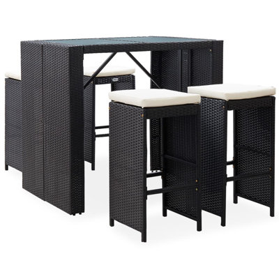 Patio Bar Set Outdoor Bar Table and Stools Poly Rattan and Glass Black