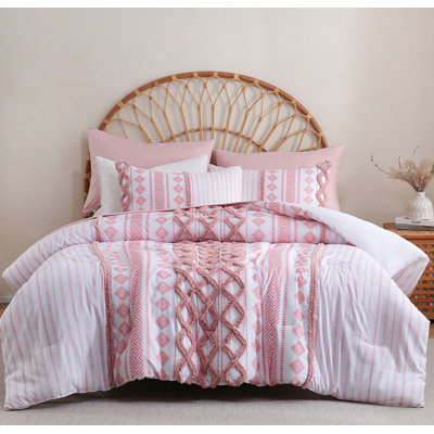 Tufted Boho Comforter Set Bed in A Bag,Shabby Chic Aztec Western Pink Bedding Tufted Decor Queen Size Bedding Comforter and Sheet Set,Farmhouse Luxury 7 Pieces Quilt Set for All Season
